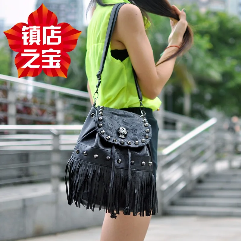 New Fashion Skull Tassel Rivet Bucket Shaped Backpack European And American Retro Single Shoulder Crossbody Bag For Women Trendy