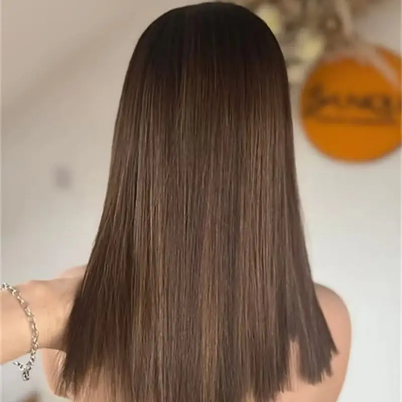 12 Inch Ombre Dark Caramel Brown Balayage Highlights HD Lace Front Wig Short Straight Bob Glueless Natural Preplucked Hairline