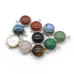 Natural Stone Clasps Alloy Round Crystal Agate Tiger Eye Connectors Pendants for Jewelry Making Necklace Bracelets Accessories