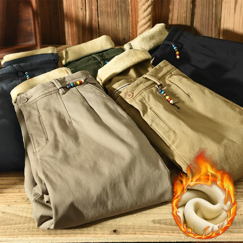 

Роскошные качественные зимние теплые флисовые хлопковые брюки мужские свободные прямые уличные хаки армейские зеленые сафари рабочие брюки-шаровары мужские