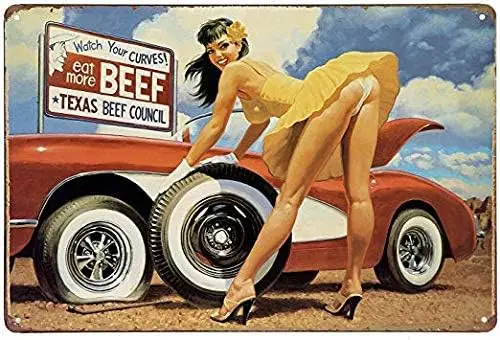 Forever_USA Tin Sign Bar Plaque | Metal Wall Decor Sign | Classic Pin Up Girl Changing Flat Tire of a Car | 8 x 12 in. | Fun Dec