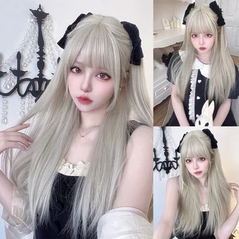 شعر مستعار اصطناعي مع الانفجارات للنساء ، شعر طويل طبيعي مستقيم ، ملكة سحب ، مقاومة للحرارة ، لون رمادي ، 24 في