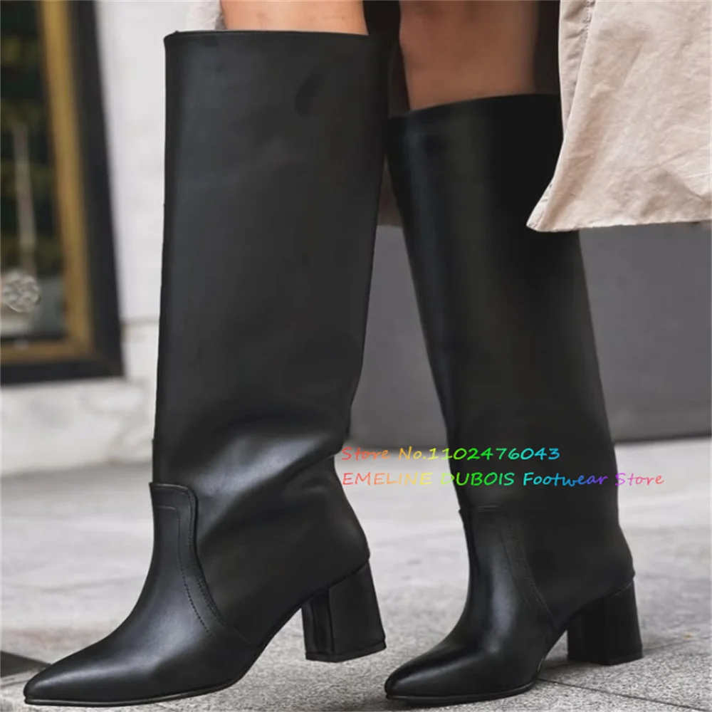 

Black Leather Knee High Boot Women Pointed Toe Chunky Heel Slip On Solid Color Elegant Block High Heel Autumn Winter Shoes