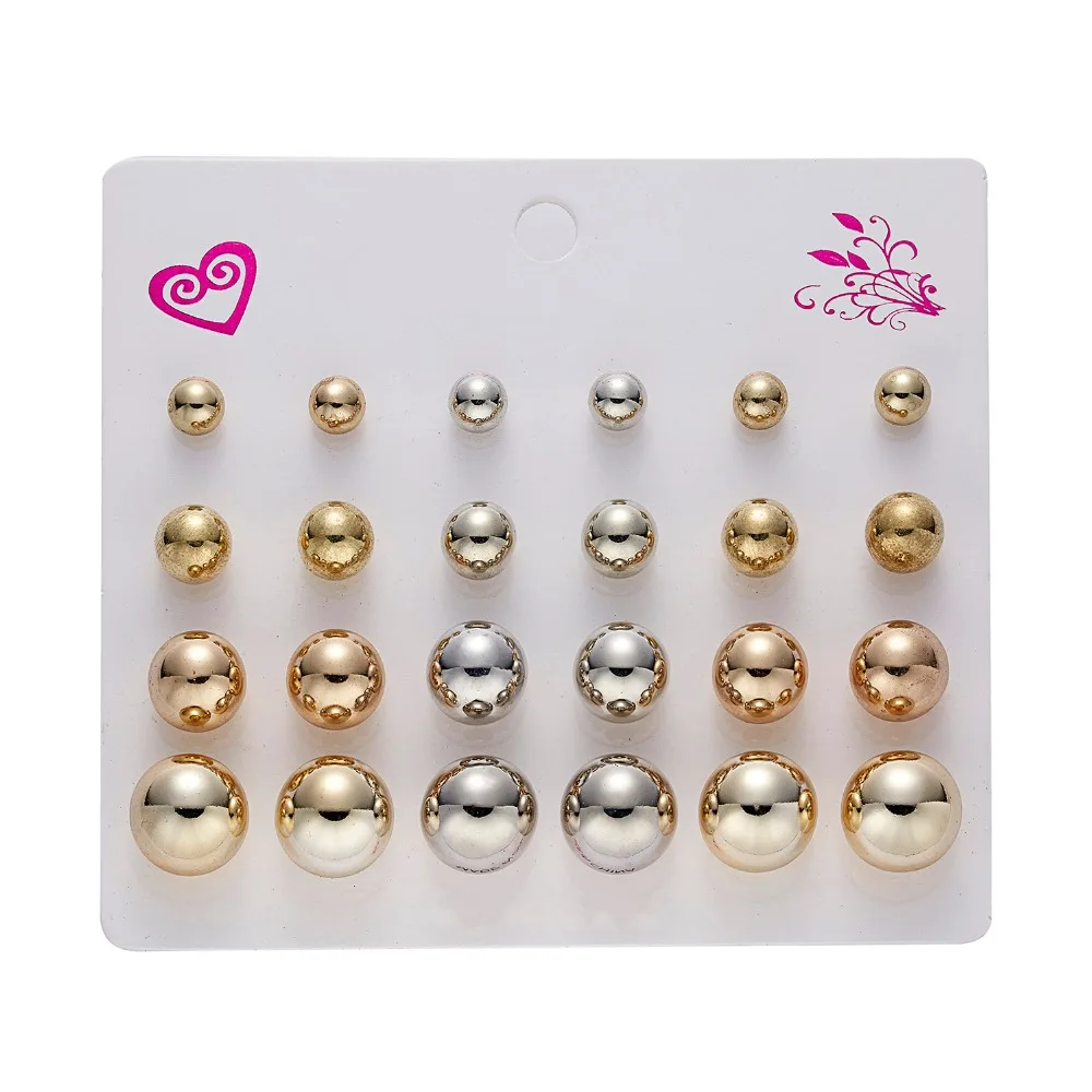 12Pairs/set Zircon Crystal Round Ball Geometry Earring Sets Fashion Shining Rhinestone Gold Color Stud Earrings Women Jewelry