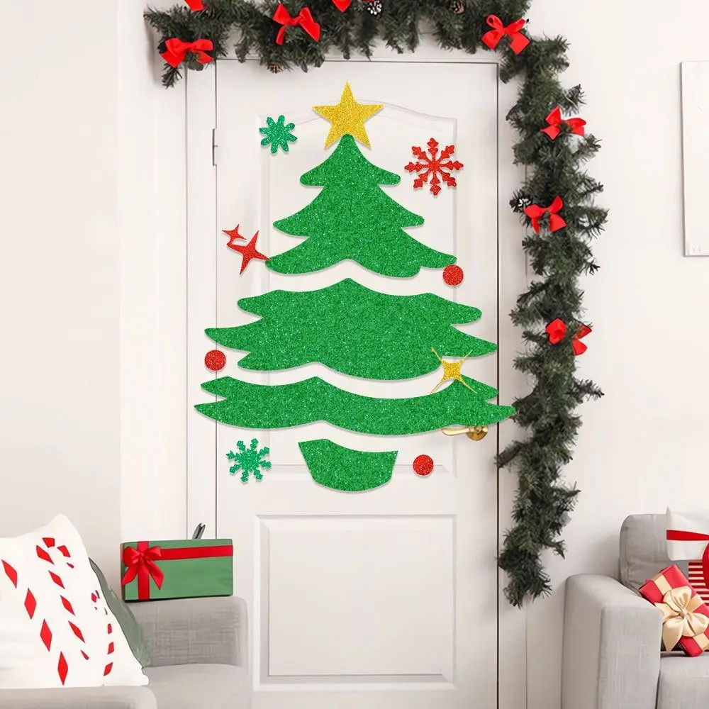 2 Set Cartoon Christmas Felt Door Sticker Elk Christmas Tree Snowman Funny Santa Claus Window Sticker Exquisite