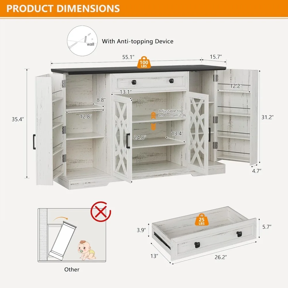 Farmhouse Buffet Cabinet with Storage, 55