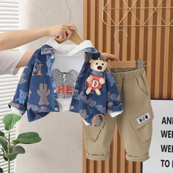 Toddler Outfit 2023 Autumn Designer Baby Boys Clothes 4 To 5 Years Old Cartoon Cardigan Denim Coats T-shirts Pants Korean Set