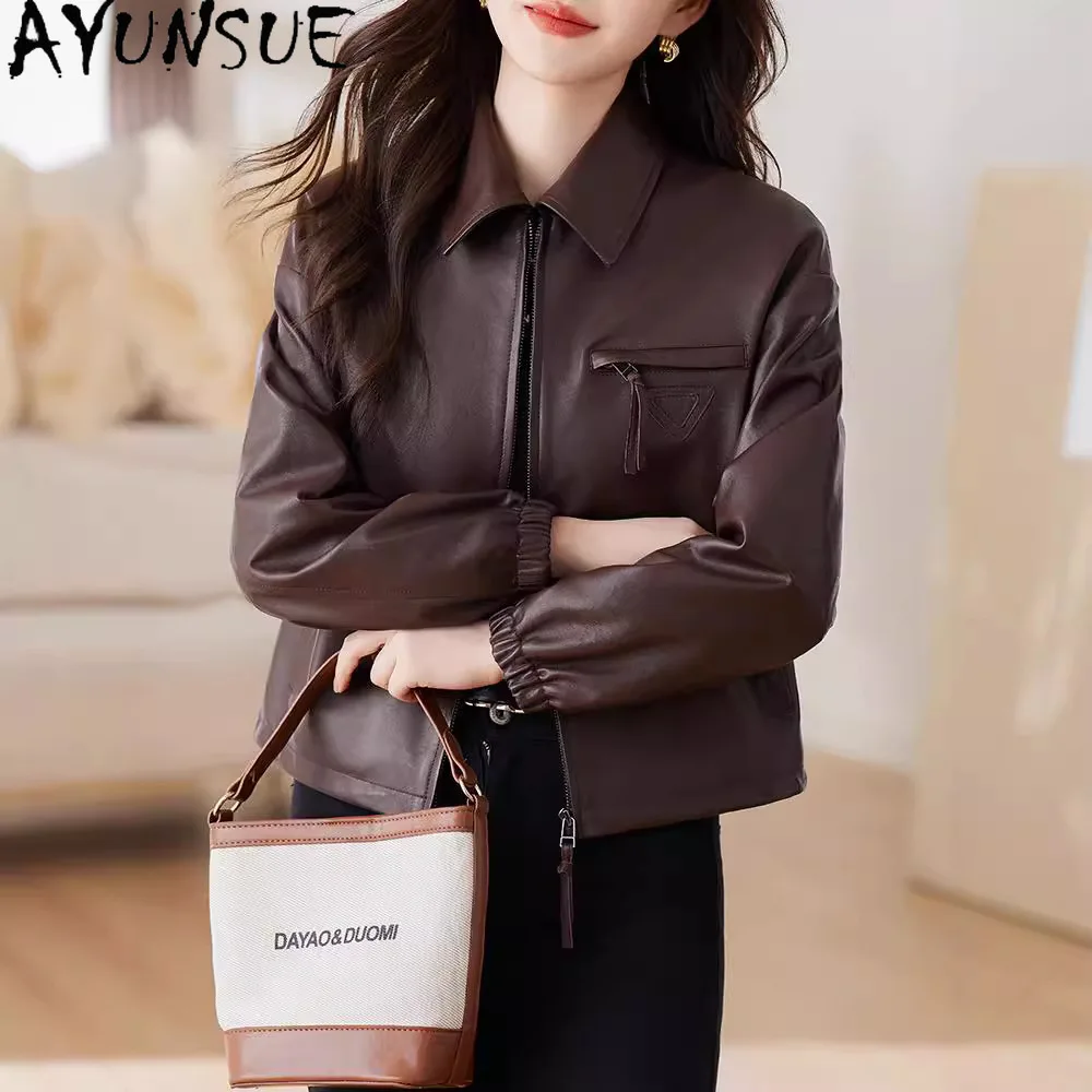 AYUNSUE 本革ジャケット女性のための 2025 黒リアルシープスキンレディースバイクジャケット春秋服ルーズフィット