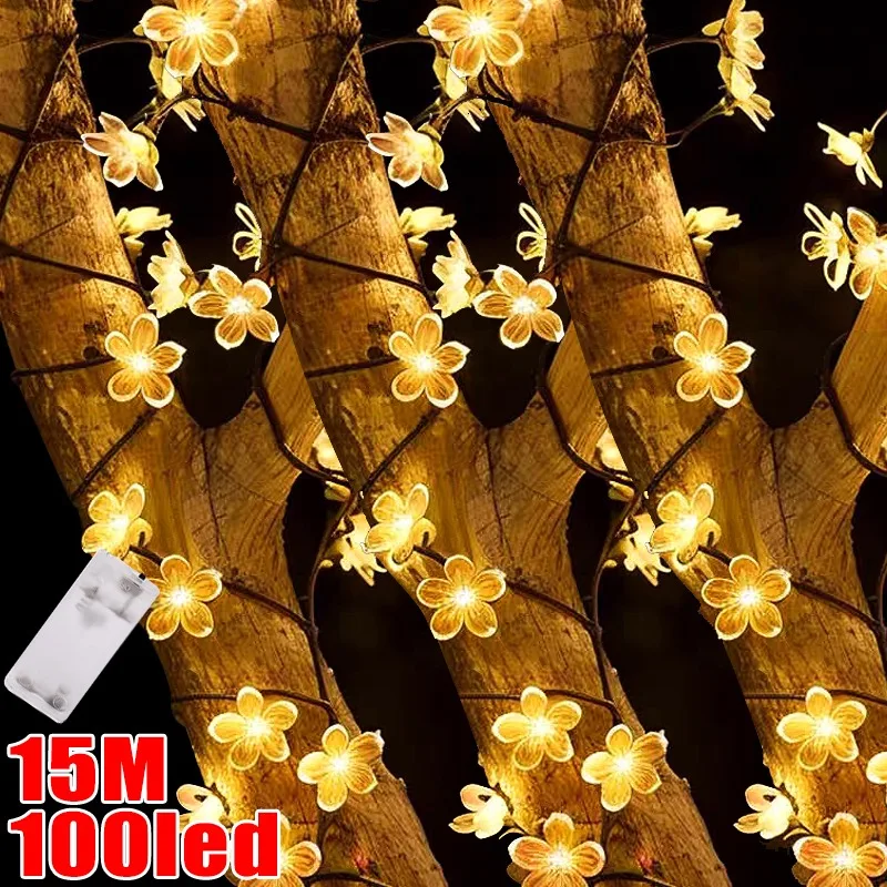 Guirnalda de luces LED con batería de flor de cerezo, cuerdas de iluminación florales de hadas, flores de cristal, lámparas impermeables para fiestas y Navidad