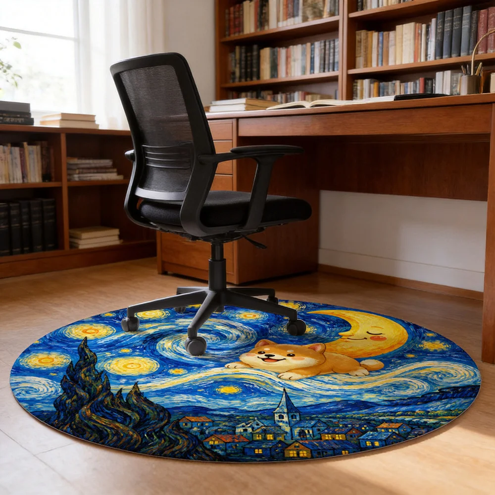 Cute Sleeping Puppy Under Crescent Moon Galaxy Night Sky Round Area Rug for Nursery Kids Room Decor