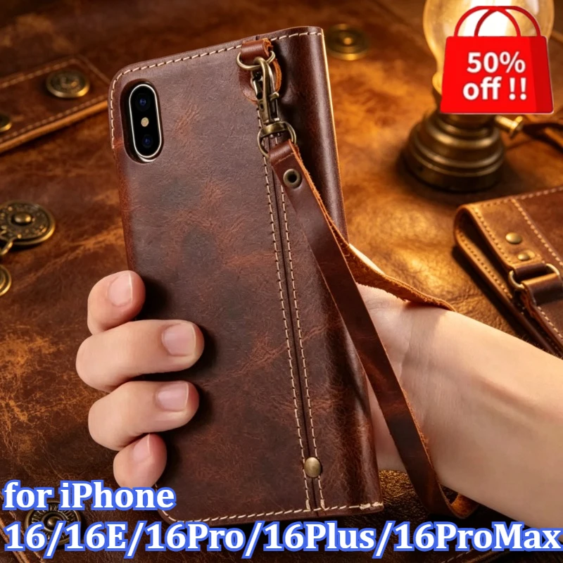 

Luxury Vintage Cowhide Genuine Real Leather Case for iPhone 16/16E/16Pro/16Plus/16ProMax Flip Wallet Card Business Phone bag