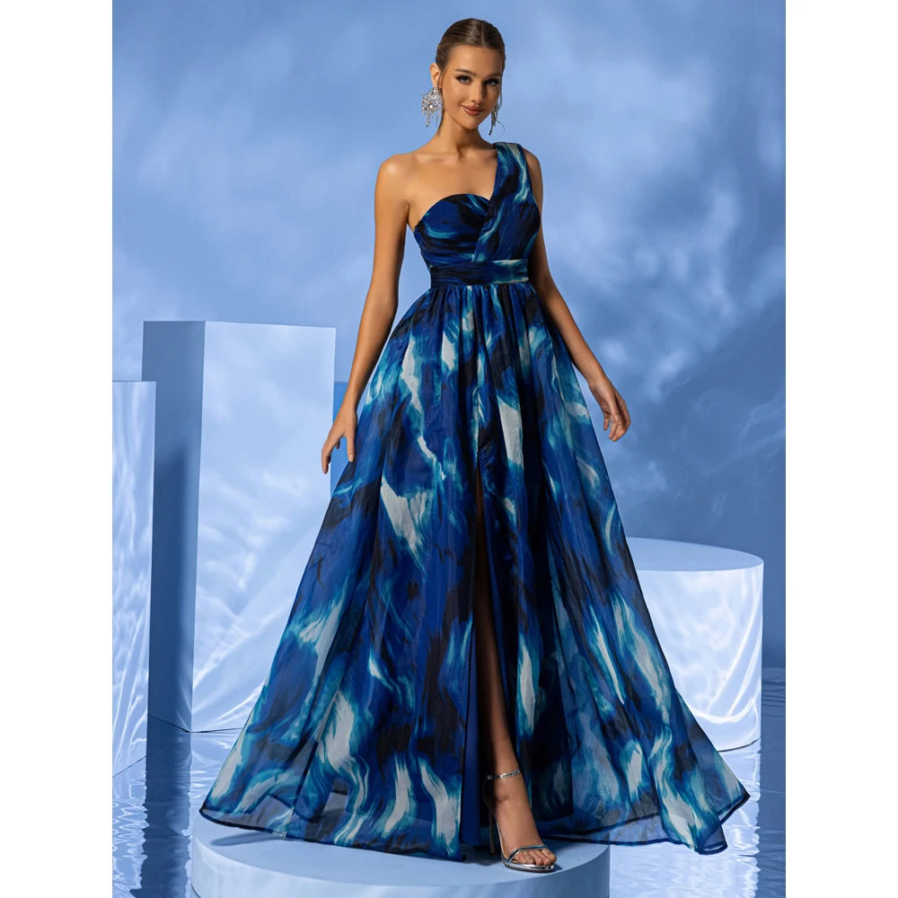 DEERVEADO Elegant A Line One Shoulder Tie Dye Evening Dresses Long Women\'s Slit Wedding Party Dress Formal Occasion Dresses