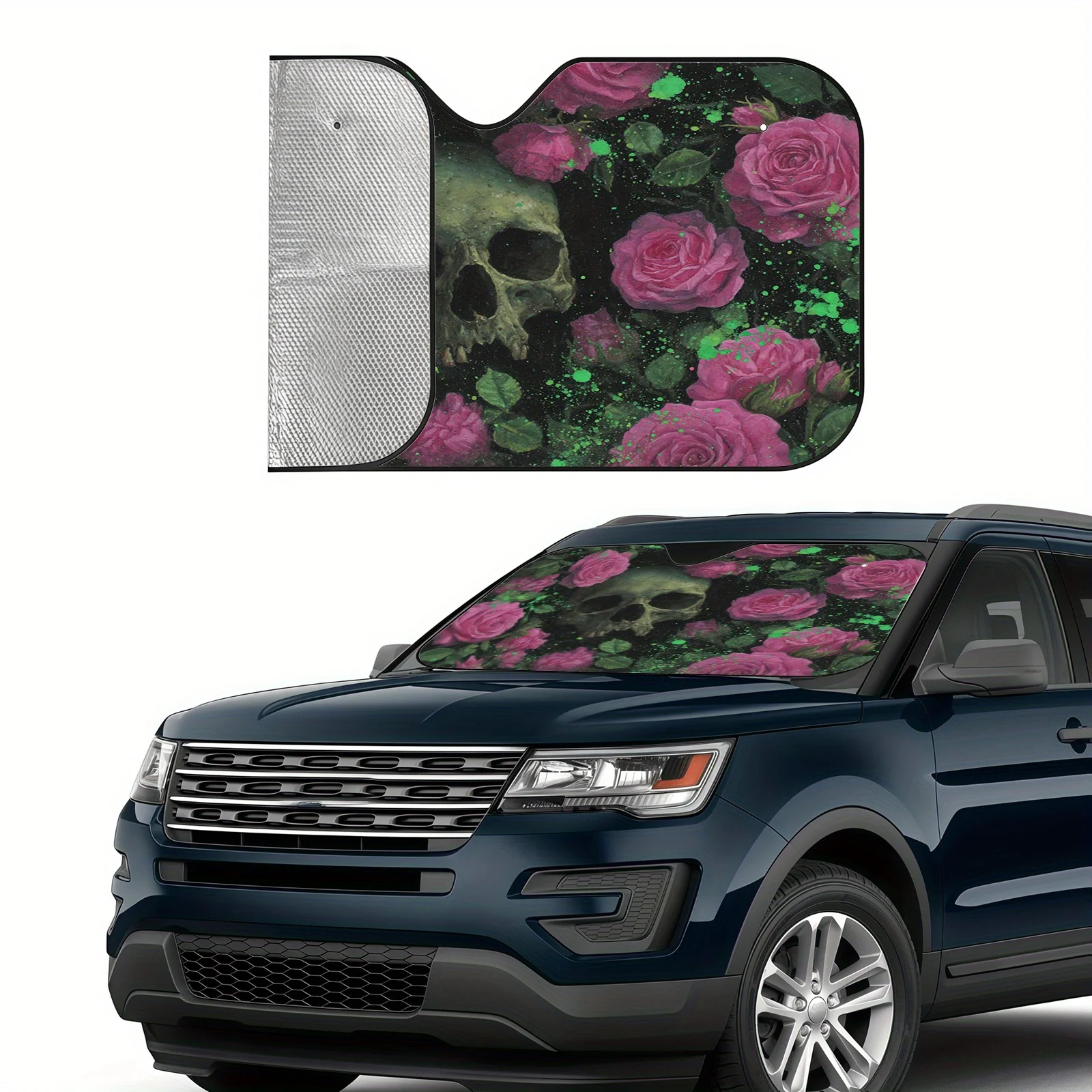 Skull Rose Art Car Sunshade, Unique Illustration Style, Heat Insulation And Scratch Resistance, Maintains Interior Temperature,