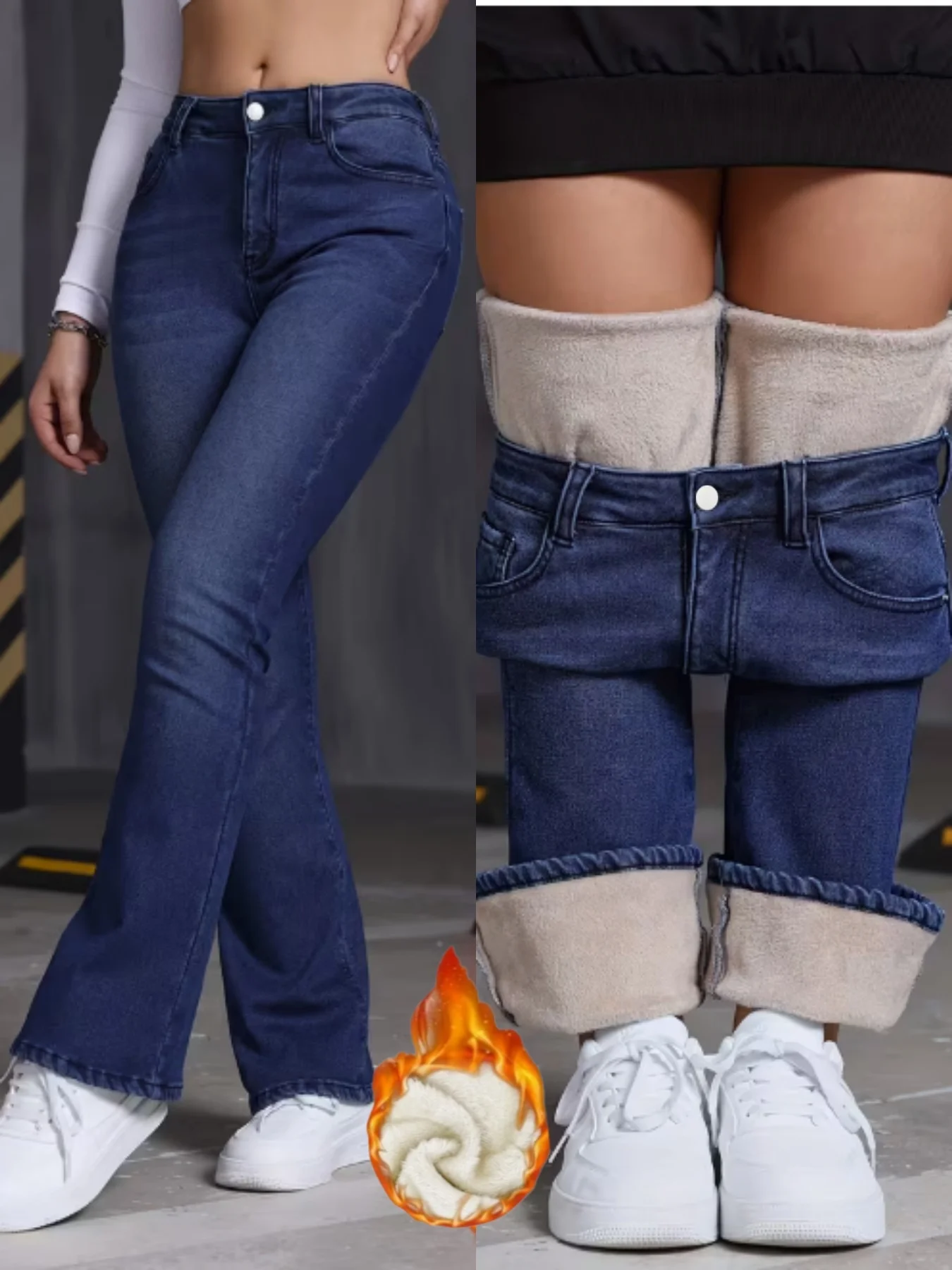 Women's Winter Fleece Lined Warm Jeans High Waist Stretch Bootcut Dark Blue Pants