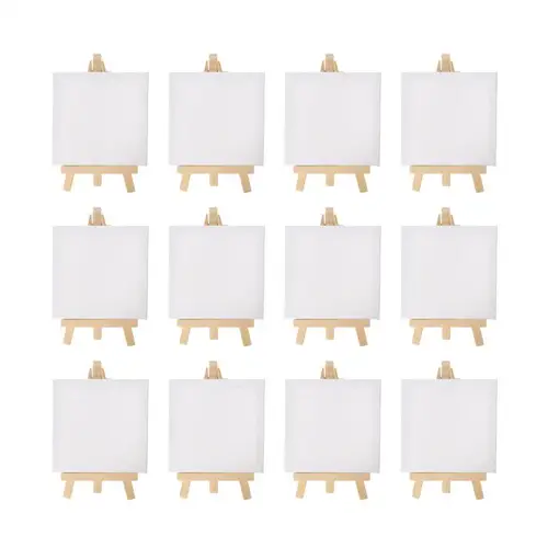 12 Uds. Mini caballete de 5 pulgadas para artistas + Mini juego de lienzo de 3 pulgadas x 3 pulgadas, pintura artesanal para niños, caballete de mesa pequeño para dibujar para la escuela