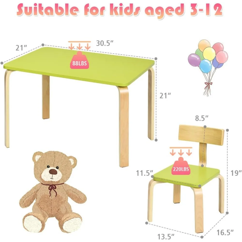 Set tavolo e sedia per bambini, tavolo e sedie in legno per bambini che leggono, arti, mestieri, compiti a casa, Snack, mobili da 3 pezzi