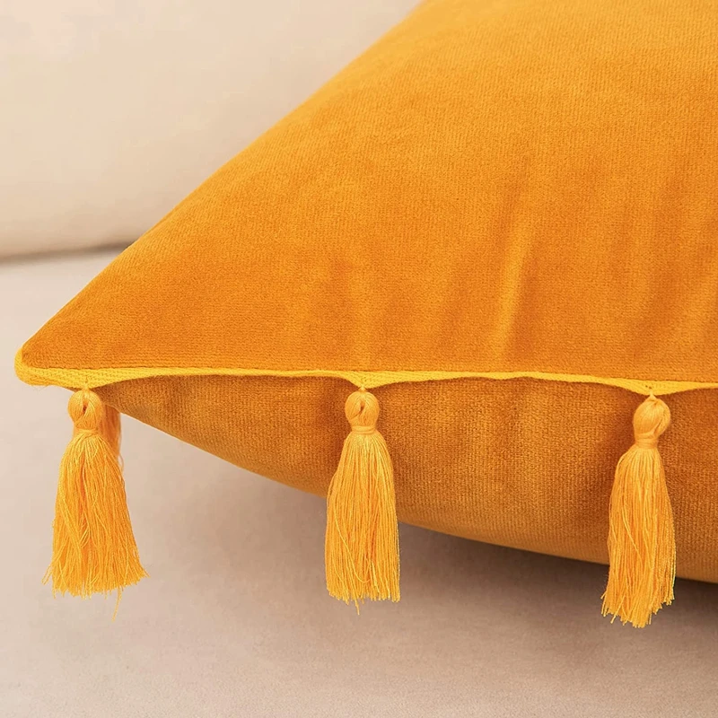 Velvet Soft Solid Decorative Throw Pillow Cover with Tassels Boho Accent Luxury Gift Cushion Case for Couch Bedroom Car Yellow