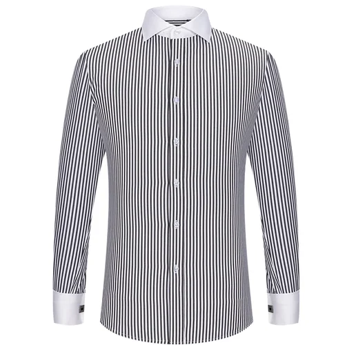 Imagen 2 del producto Camisa francesa con gemelos para hombre, corte ajustado y cuello de color contrastante, cuello Windsor, camisa formal de manga larga a rayas