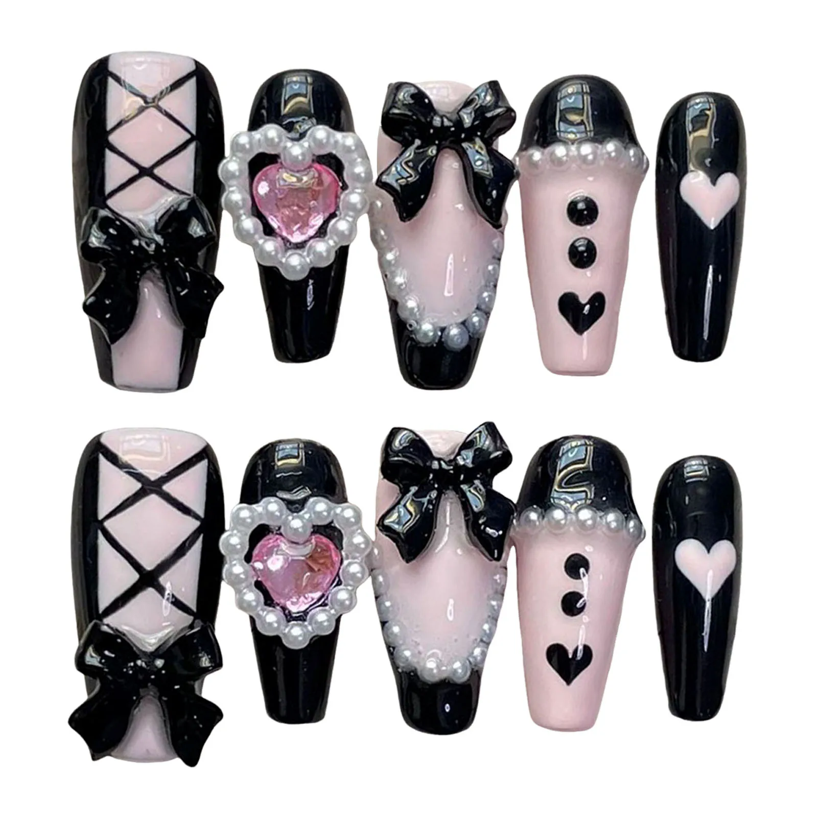 Handmade Press on Nails with Heart Printed Ultra-flexible Long Lasting Fake Nails for Hot Girl Dress Matching