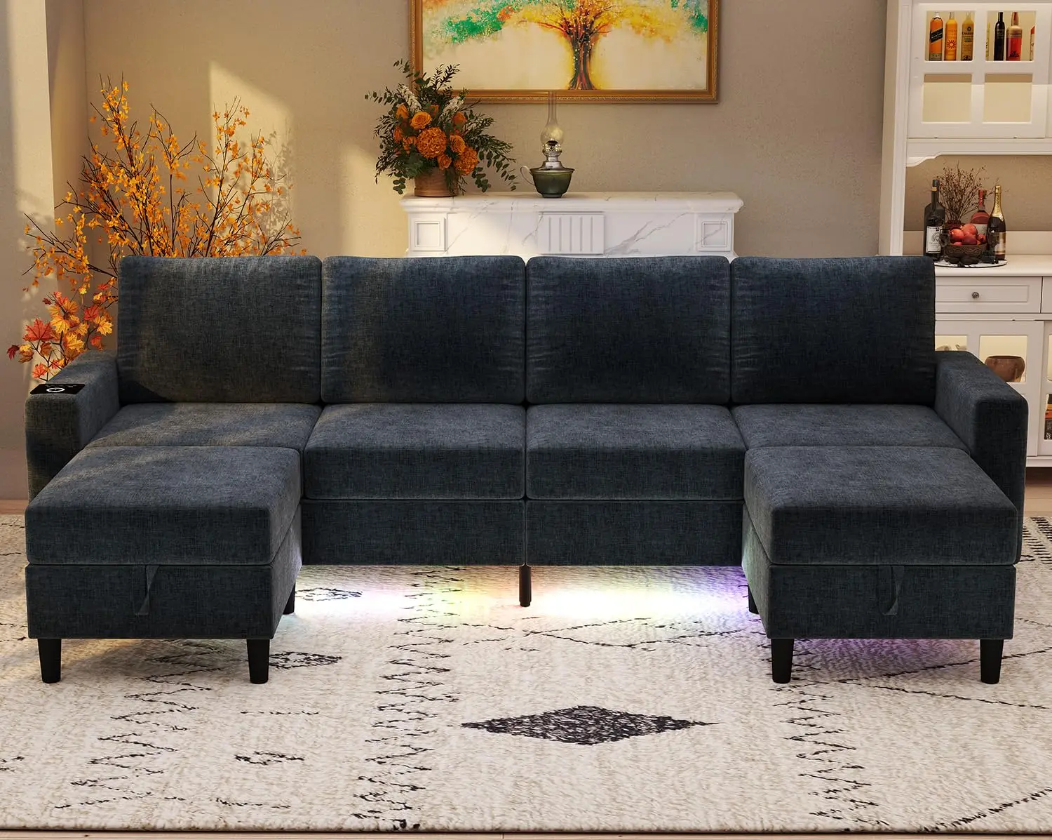 6 Seat Chenille Sectional Sofa, Smart U Shaped Couch, Dark Grey | Smart Module-Wireless Charging/USB/Type-C/RGB, Customized