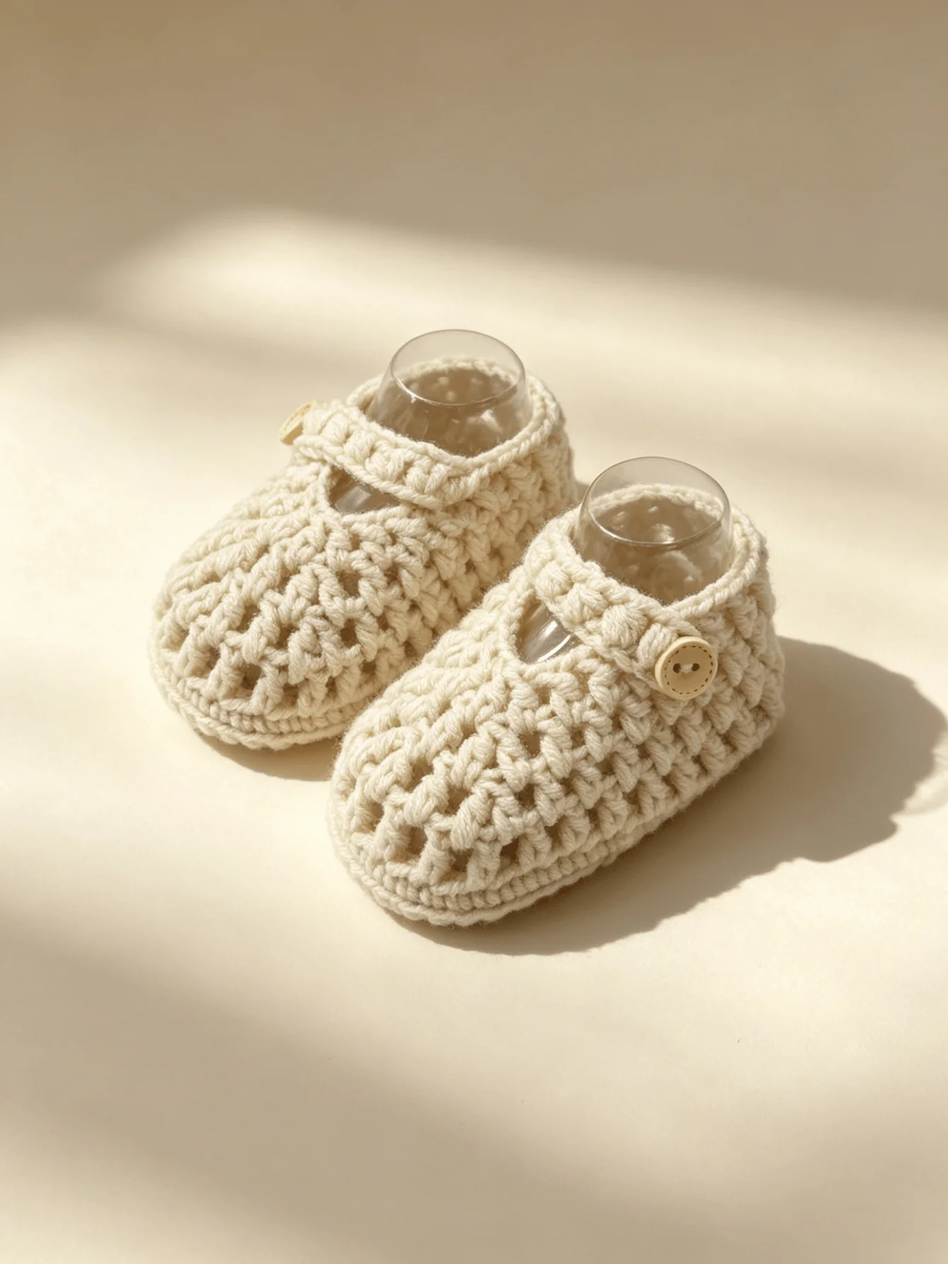 1 Pair Handmade Crochet Baby Booties, Beige, Soft Knit Infant Shoes