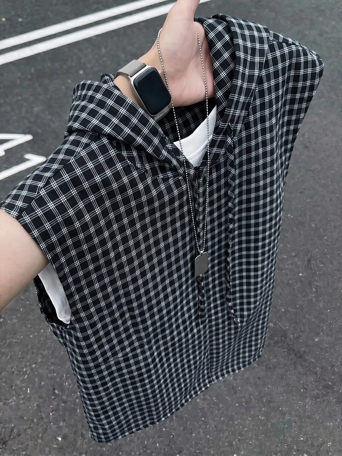 Black Plaid Half Zip Hoodie Vest Unisex Casual Sport Sleeveless T-Shirt Youth Popular Summer Outerwear Hooded Sweat Vest