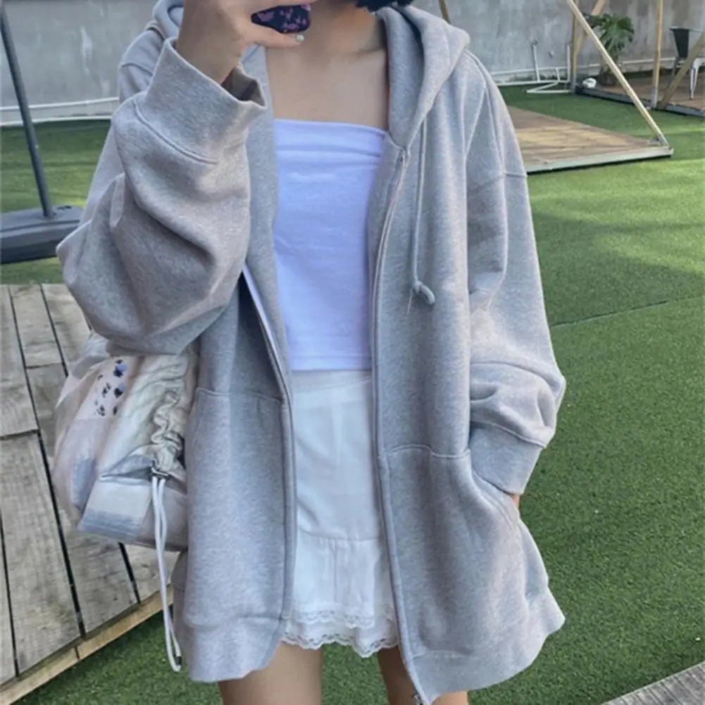 Sweatshirt Hoodie Oversize Hooded Cardigan Sweatshirts Gray Women Clothes Solid Zip Up Hoodies Spring Women Men Top Long Sleeves