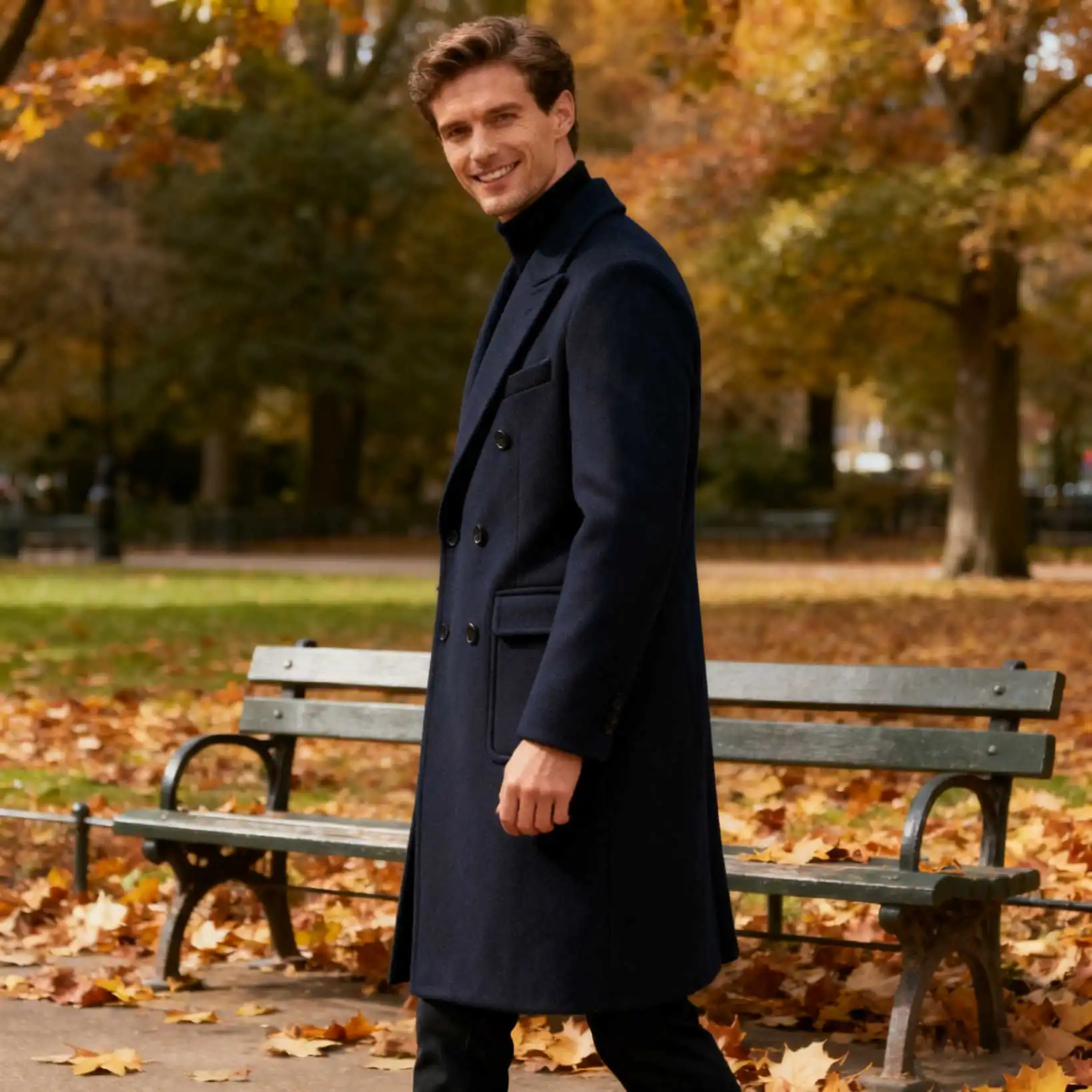 맞춤형 울 혼방 남성 롱 오버코트 원피스 더블 브레스티드 피크드 라펠 코트 겨울 야외 방한 오버코트