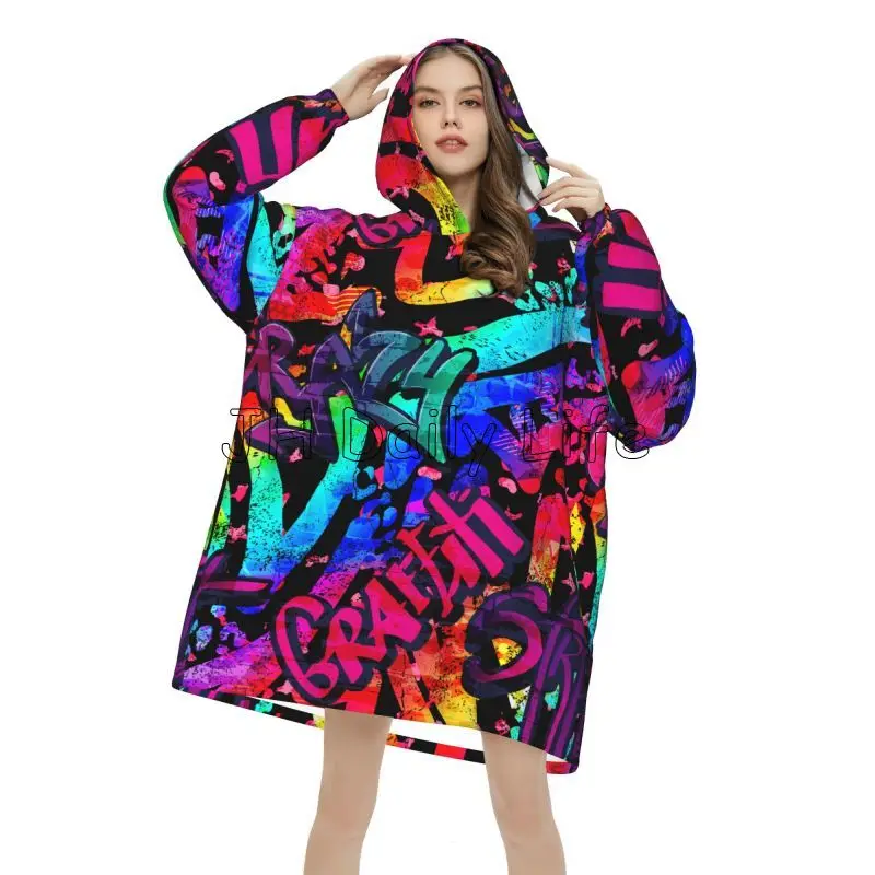 Modern Graffiti Wall Hip Hop Art Wearable Blanket Hoodie Women Sherpa Oversized Sweatshirt Warm Cozy Fleece Blanket with Pockets