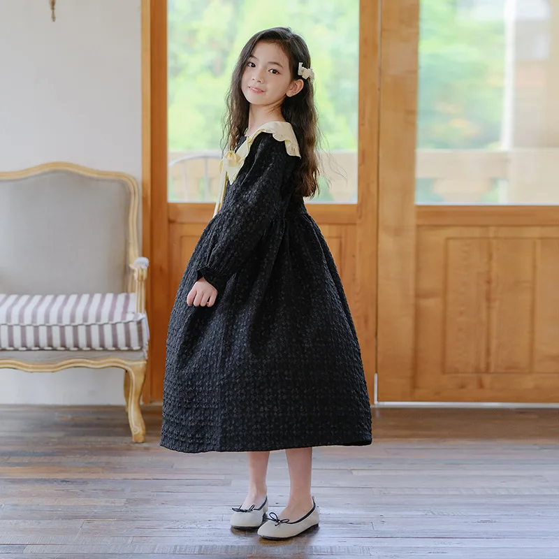 Vintage Jacquard Maxi Girls Dress Kids Long Sleeve Peter Pan Collar French Girls Casual Dresses Cute Lace-up Princess Clothes