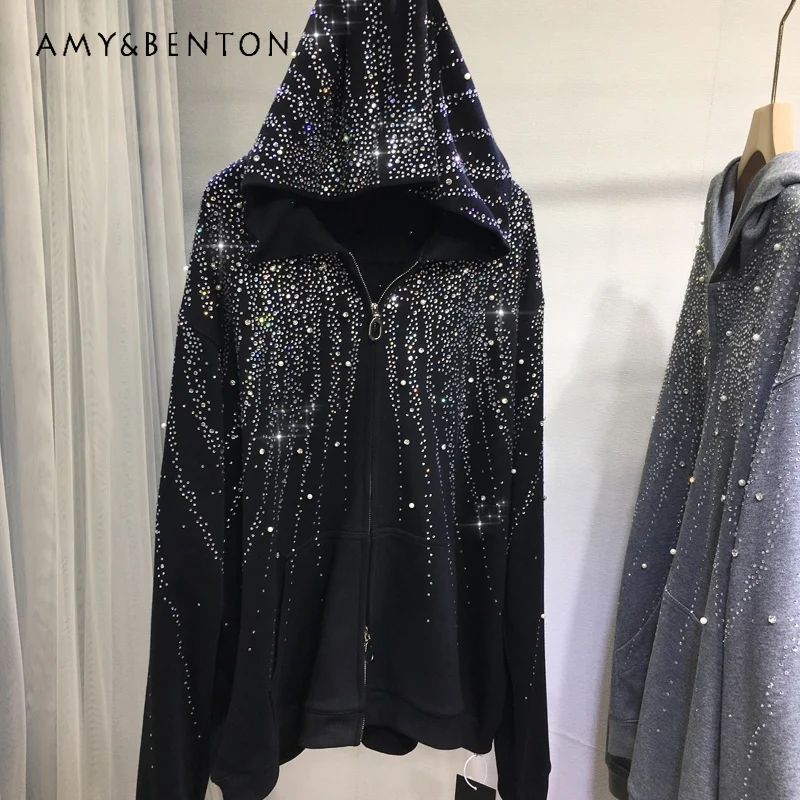 Fashion Rhinestone Jacket For Women's Loose Mid-Length Slimming Oversized Cardigan Cotton Coat Autumn Winter Long Sleeves Hoodie