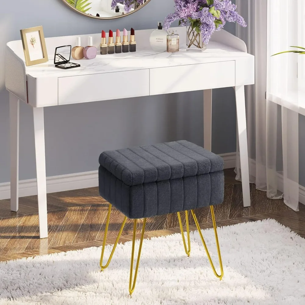 Vanity Stool Chair with Storage, Soft Ottoman 4 Metal Legs with Anti-Slip Feet, Furry Padded Seat, Modern Multifunctional Chairs