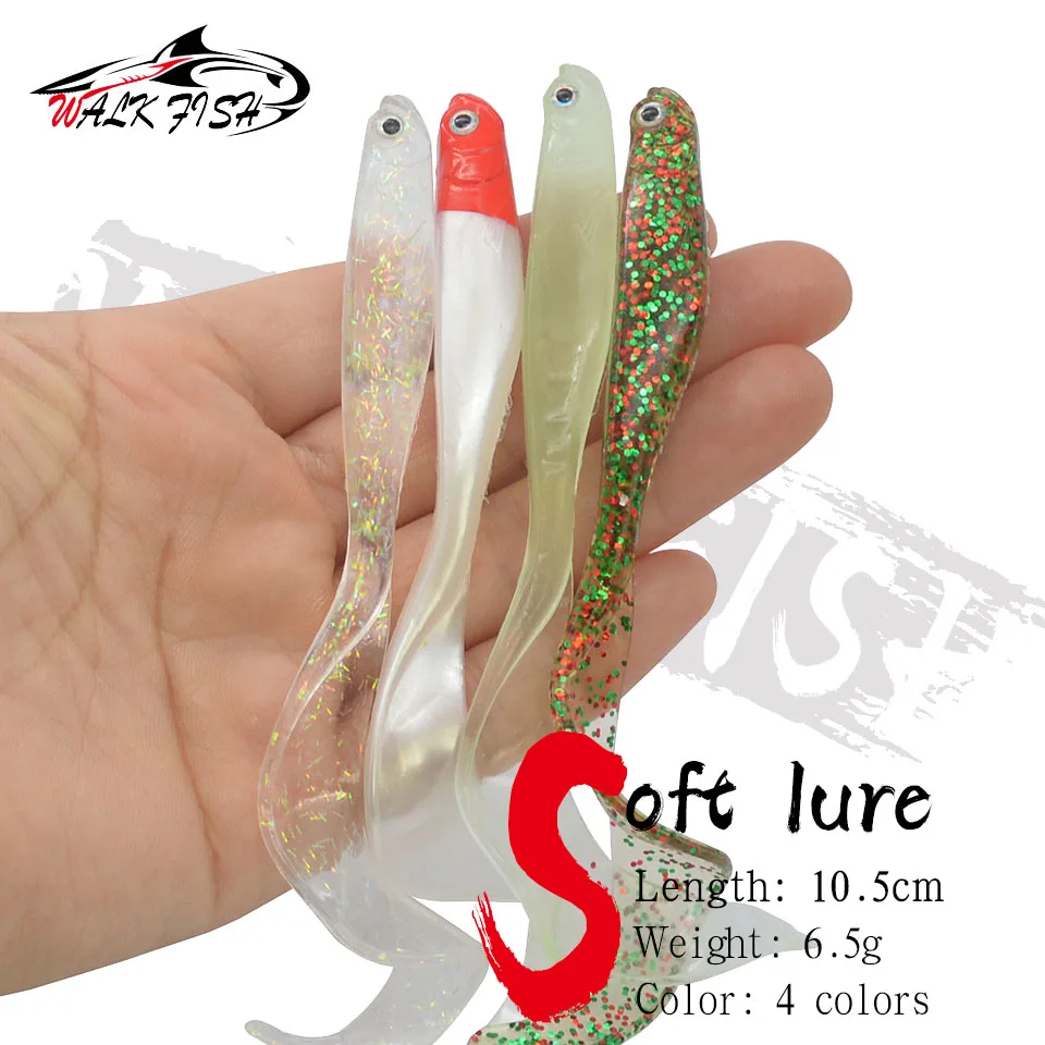 WALK FISH-Señuelos de Pesca suaves con ojos 3D, cebos de cola larga, Swimbaits Jig Wobblers, gancho Abdominal con ranura de silicona, 10,5 cm, 6,5g, 4 Uds.