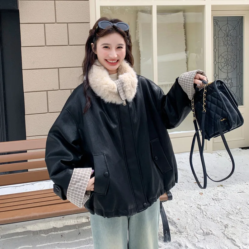 Furs femmes agneau polaire Patchwork blanc canard vers le bas doublé en cuir nouveaux vêtements d'extérieur veste en cuir PU hiver épaissi chaud vers le bas manteau