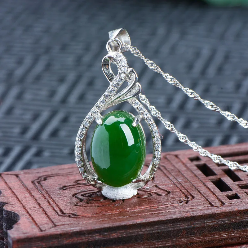Hetian Jade Pendant In Spinach Green, Oval Cabochon, Collarbone Chain Necklace Women