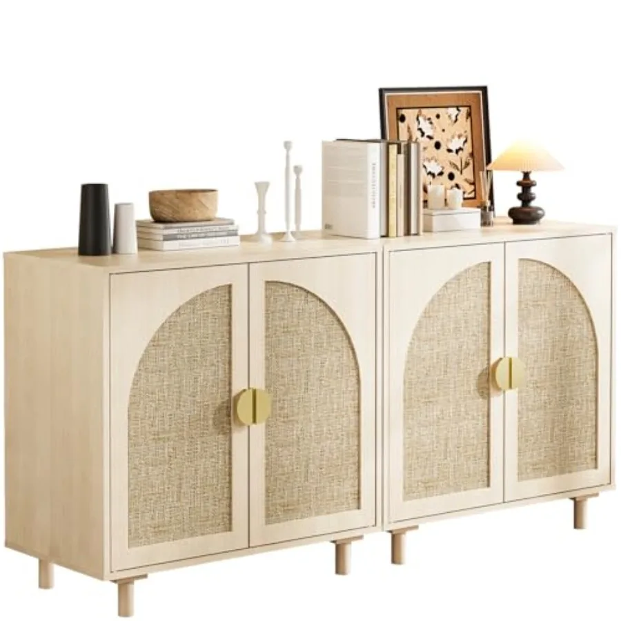 4 Doors Boho Rattan Storage Sideboard Cabinet for Kitchen Buffet, Beige, Natural Fiber Texture Lightweight Durability