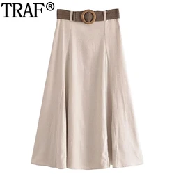 TRAF 2023 Womens Midi Skirt For Women High Waist Long Skirt Summer Belt Elegant Social Women's Skirts Fashion Loose A Line Skirt