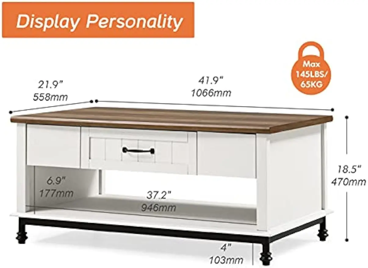 WAMPAT White Coffee Table with Drawer, Rectangle Center Table with Open Storage Shelf for Living Room, Modern Coffee Table.