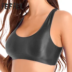 Women's Sports Crop Tops Glossy U Neck Tank Tops Solid Color Camis Vest Tops for Sportswear Gym Workout Running Fitness Yoga