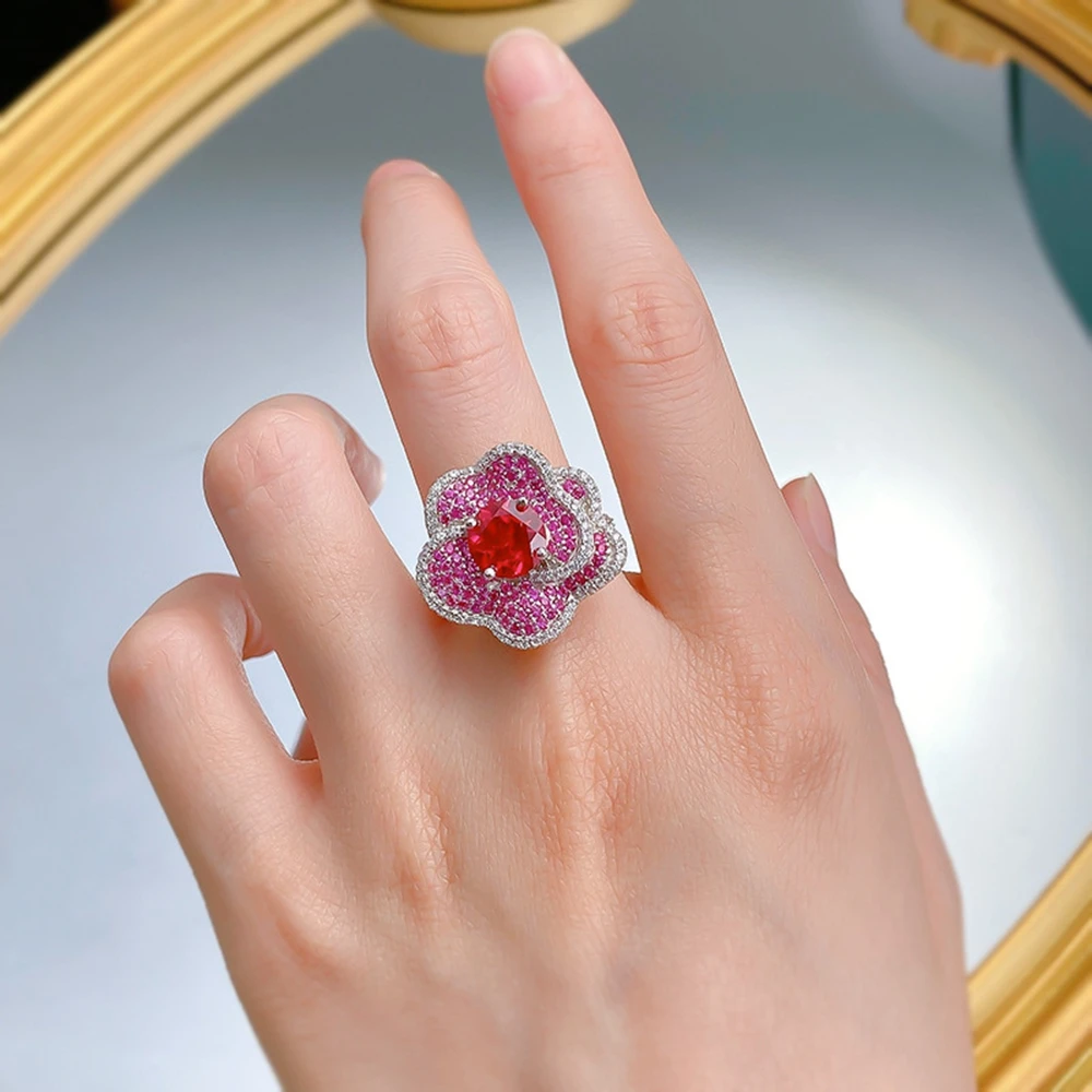 Wong Rain 100% 925 Sterling Silver Flower Ruby High Carbon Diamond Gemstone Wedding Fine Jewelry Sparkling Ring for Women Gifts