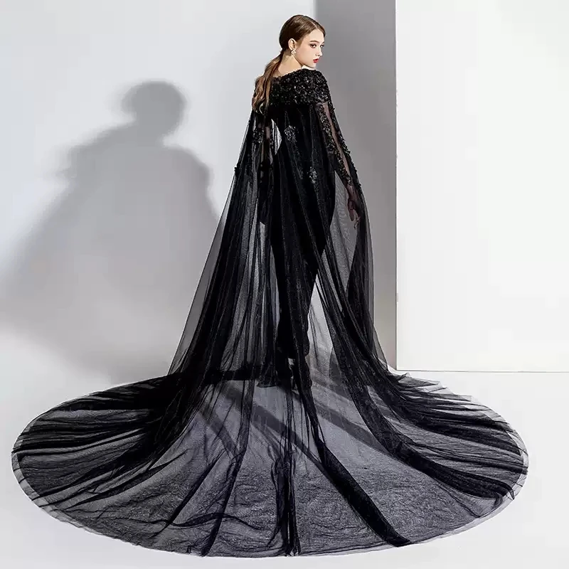 Abito da ballo nero di alta qualità 2026 Manica ad aletta O-Collo Tuta Abito formale Abito da spettacolo da sera Robe De Soriee