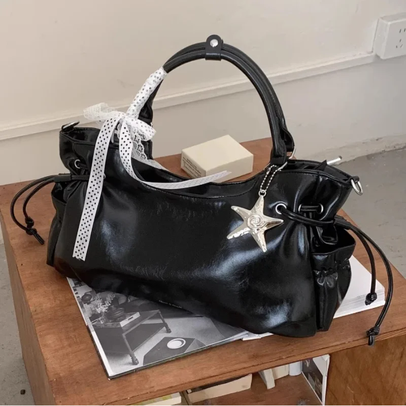 

Brand Bow Lace Tote Bag Women Large Capacity Star Charm Handbag Soft Leather Drawstring Shoulder Bag Korean Commut Bucket Bag