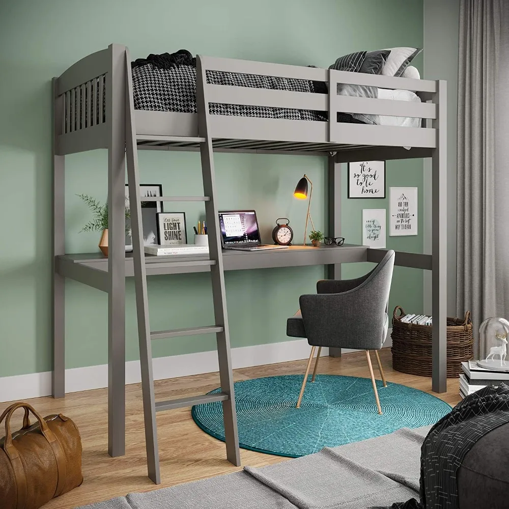 

Grey High Loft Bed with Desk and Storage, Heavy Duty Solid Wood Full Size Loft Bed Frame with Stairs for Kids and Toddlers