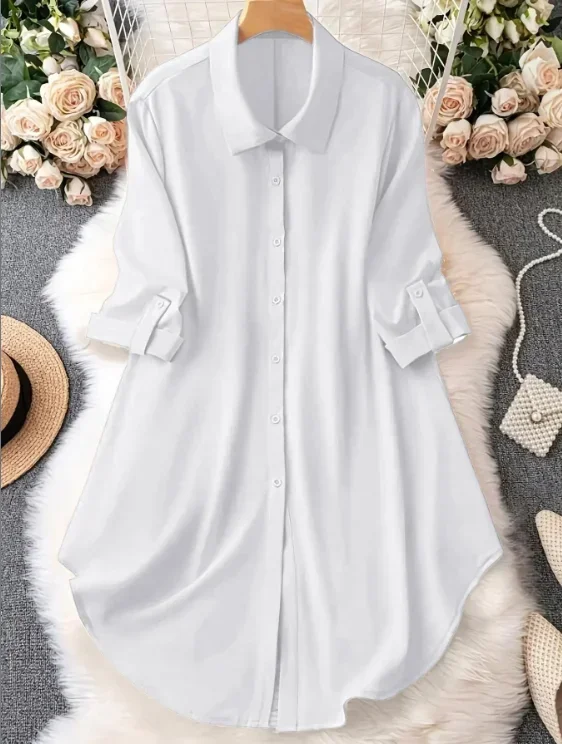 Grande taille 1XL-5XL mode femmes col rabattu manches enroulables Blouse dames boutonné décontracté Chic couleur unie chemise haute