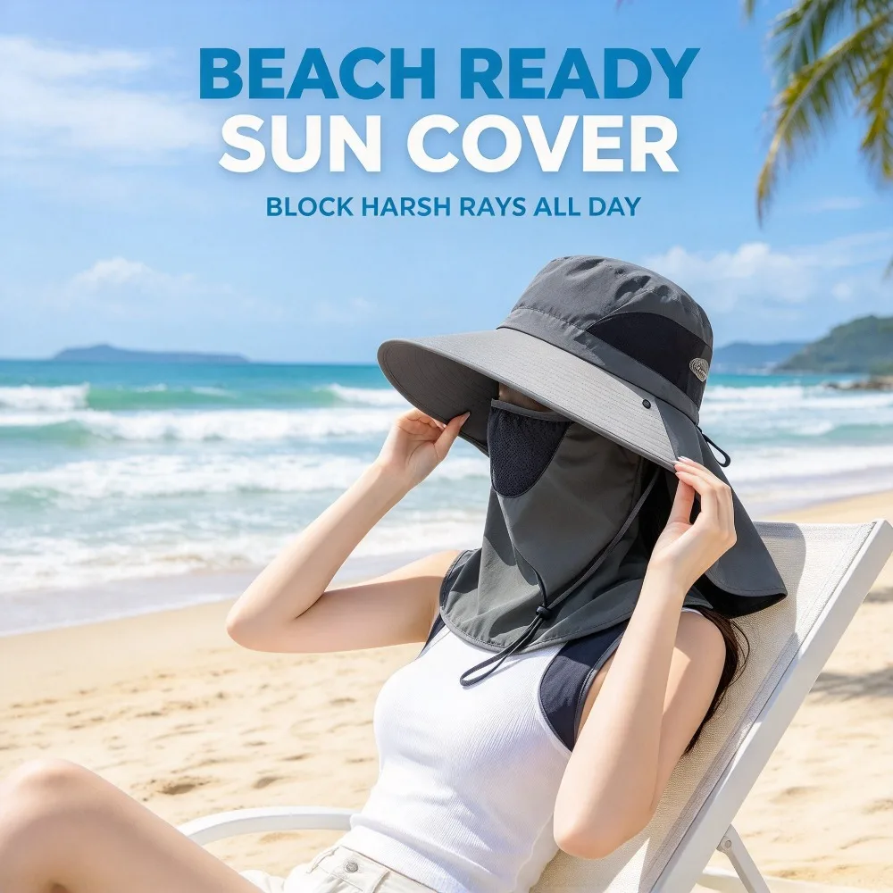 Summer Wide Brim Sun Hat UPF 50 UV Protection Fishing Cap with Removable Face Mask Neck Flap for Hiking Camping