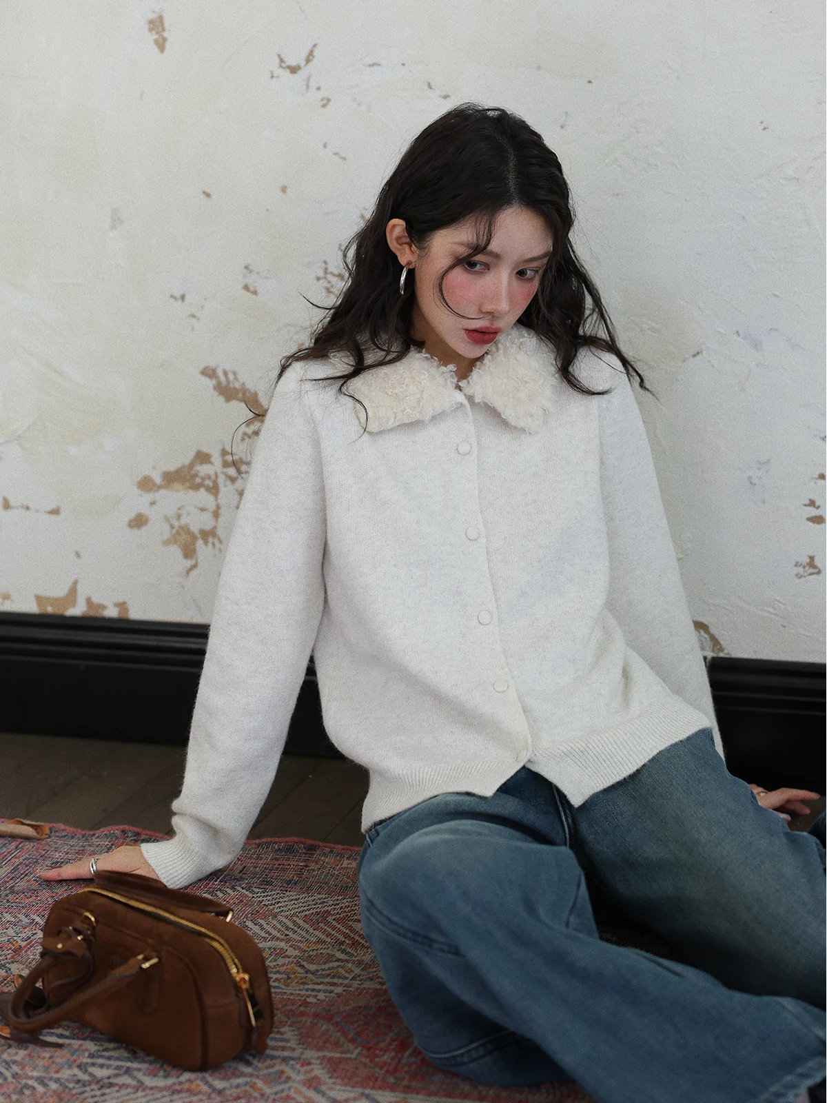 

Retro Sle Women's Knitted Open Cardigan Lamb Fur Collar Design Long Sve Autumn Winter Faion Ladies' Knitwear