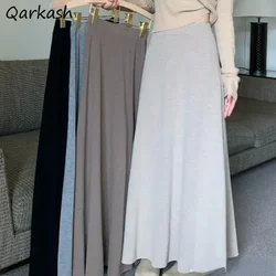 Knitted Long Skirts Women Loose Cozy Pure Autumn Elegant Harajuku Vintage A-line Gentle Soft High Waist Korean Style All-match