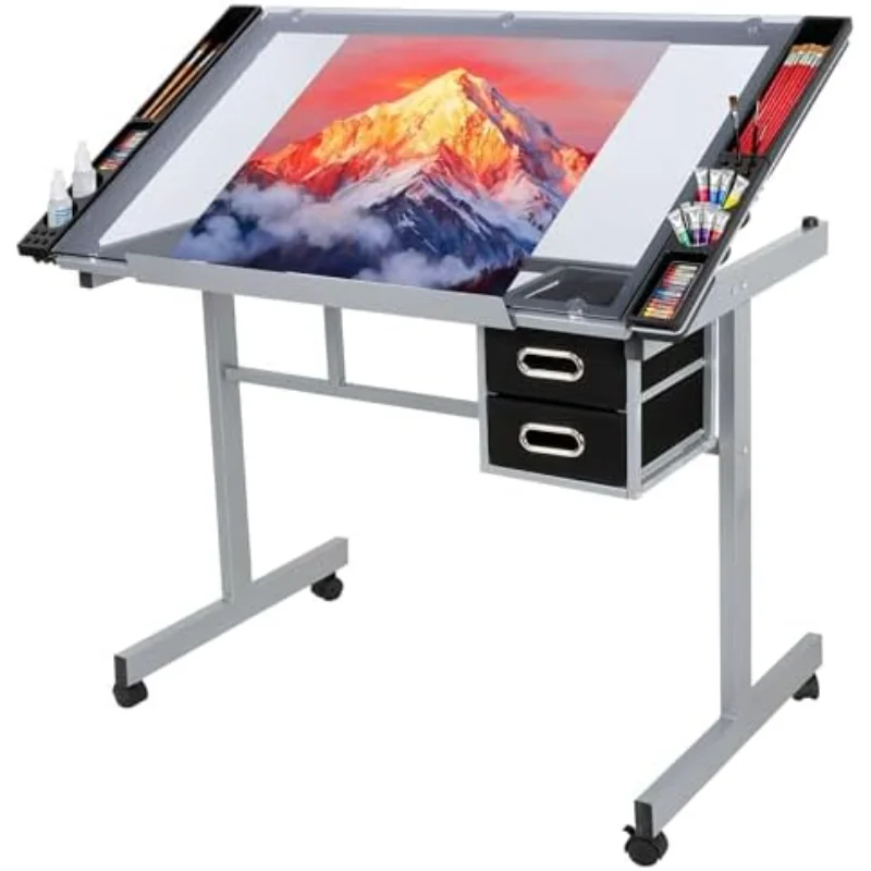 Adjustable Drafting Table Art Desk Drawing Table Versatile Art Craft Work Station Glass Tabletop w/2 Slide Drawers and