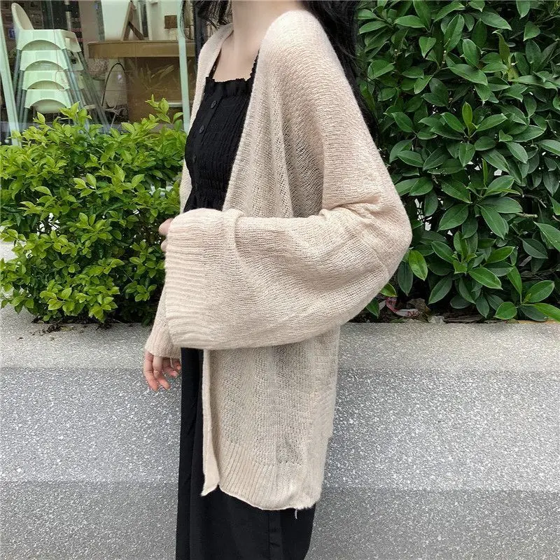 Women Summer Simple Oversized Thin Sun Protection Knitted Cardigan Female Casual Solid V Neck Long Sleeve Tunic Sunscreen Jacket