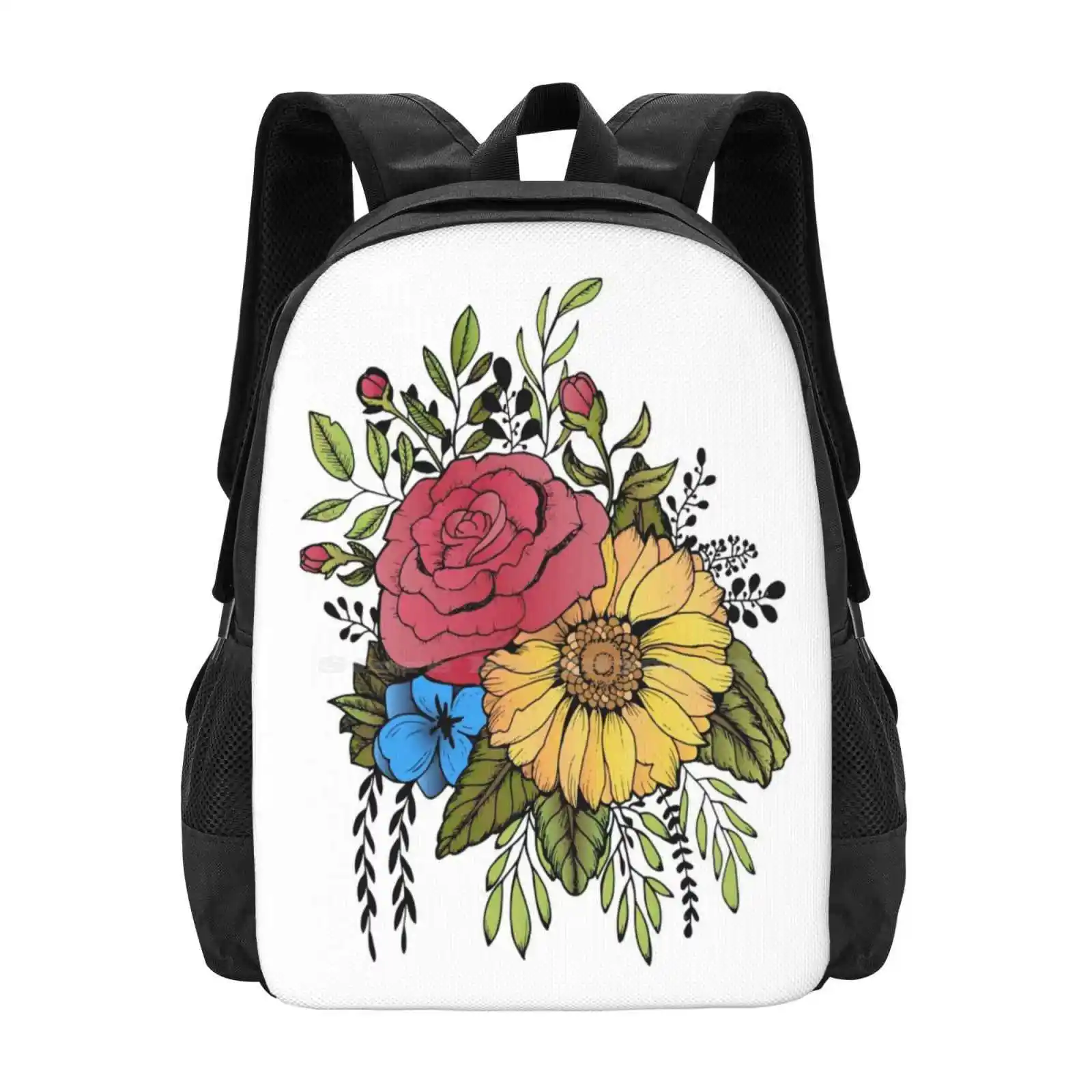 Sunflower & Rose School Bag Big Capacity Backpack Laptop Sunflowers Roses Flower Bouquet Floral Bouquet Plants Nature